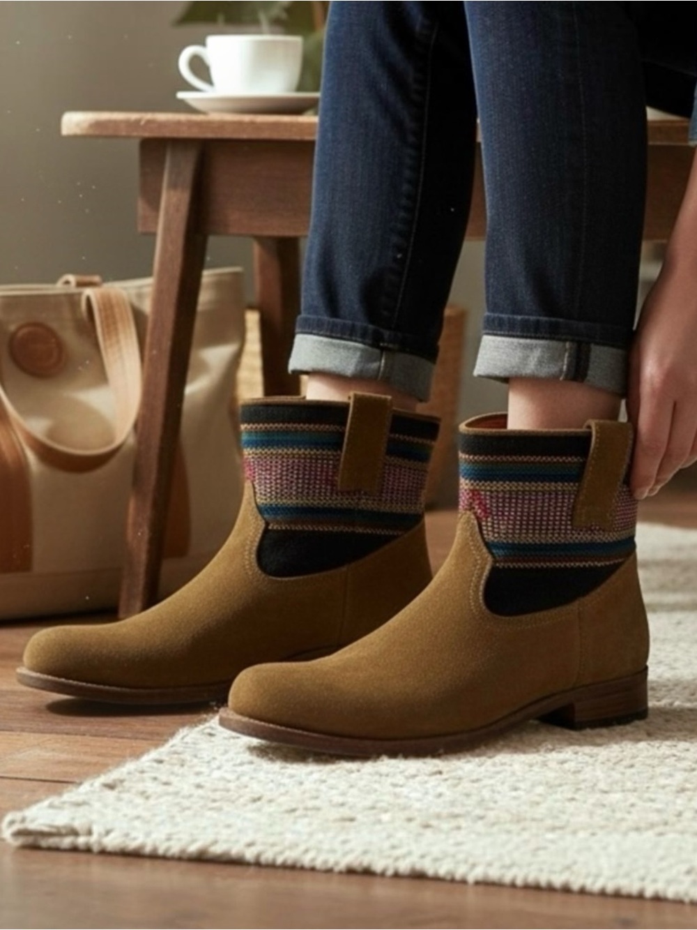 Penelope Chilvers Tan Leather Suede Ankle Boots Booties Tapestry Women’s Size 9